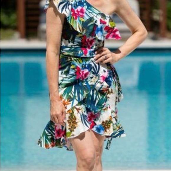 New Boston Proper Vibrant Floral One-Shoulder Dress - Picture 7 of 8